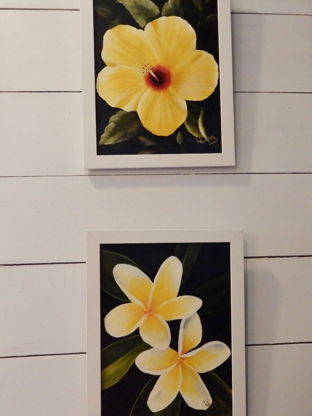 Pair of Tropical Florals, Hibiscus and Plumeria Painted in Oil and Framed